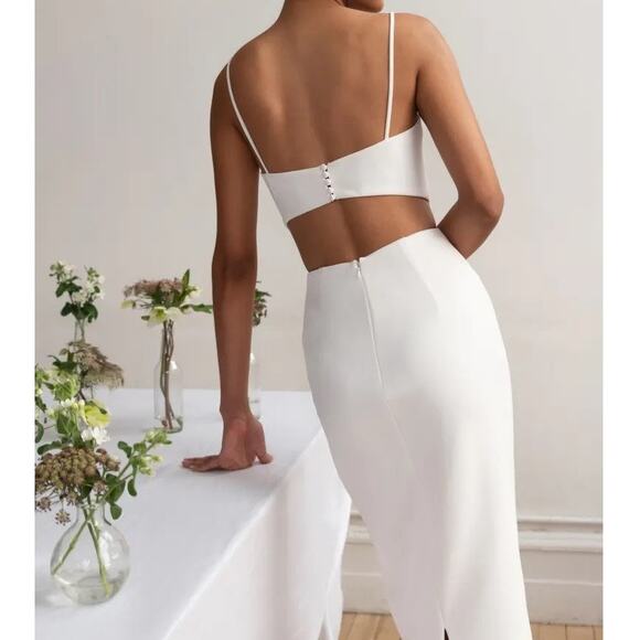 Jenny Yoo Collection The Leia White Open Back Formal Cocktail Sheath Midi Dress - Picture 2 of 13